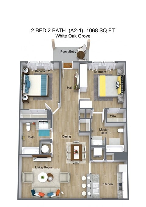 Floor plan for 2 beds, 2 baths, 1068 sqft